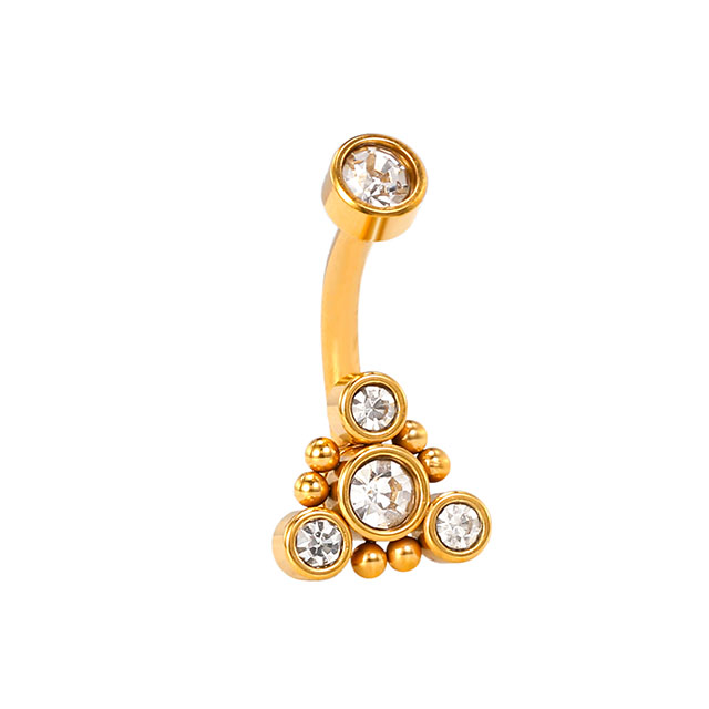 Stainless steel gold-tone diamond-studded belly button ring