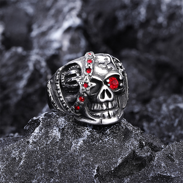 Stainless Steel Red Face Skull Handsome Ring Wholesale